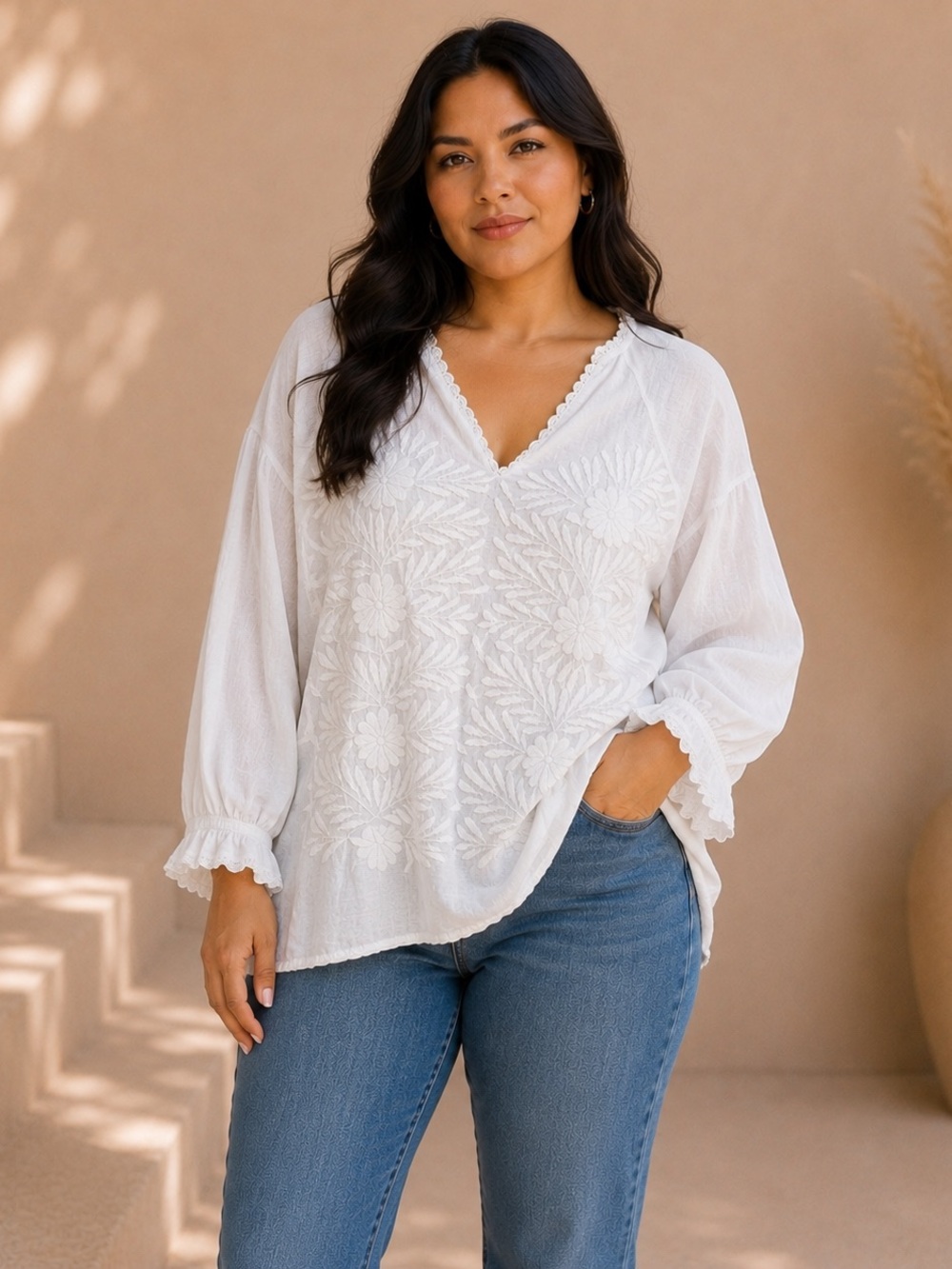Vintage Mexican Peasant White Floral Embroidered V-Neck Handmade Blouse L/XL